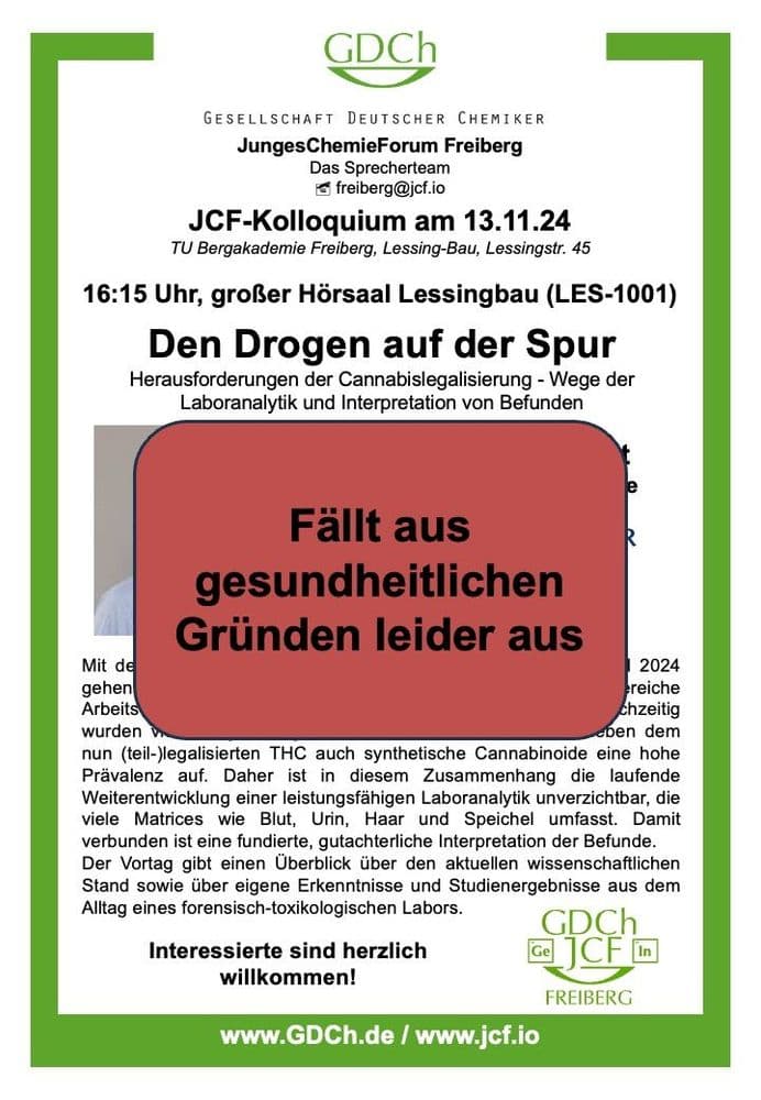 Absage: Den Drogen auf der Spur - Wege der Laboranalytik und Interpretation von Befunden