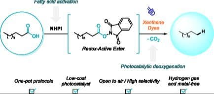 Mild Photocatalytic Hydrodecarboxylation of Fatty Acid Derivatives using Xanthene Dyes for Biomass Valorization